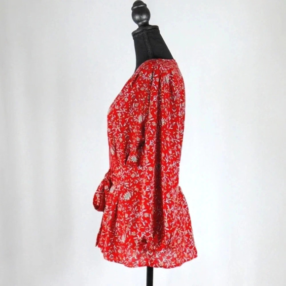 Max Studio Red Floral Blouse Long Sleeve Tie Front-Size M - Picture 3 of 8